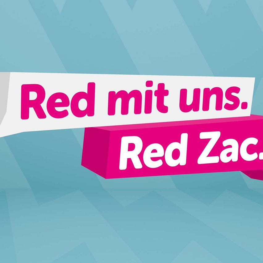 Ein Bild mit 'Red mit uns.' und 'Red Zac.' in Pink auf einem blauen geometrischen Hintergrund.