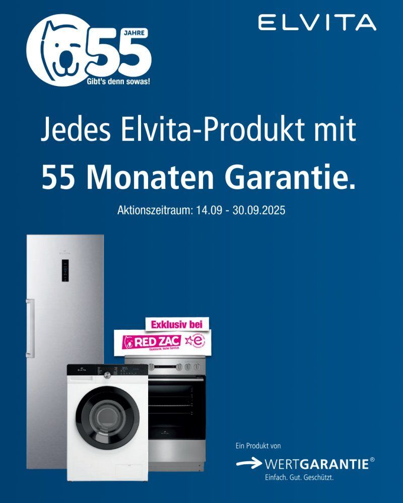 Werbeanzeige für Elvita-Produkte mit 55 Monaten Garantie. Aktion vom 14.09 bis 30.09.2025. Bilder von Kühlschrank, Waschmaschine und Backofen. Exklusiv bei RED ZAC.