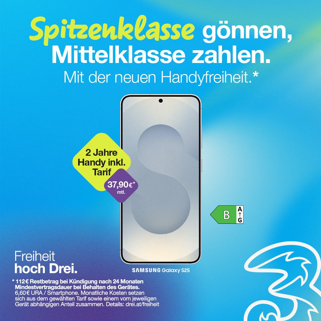 Aktion für Samsung Galaxy S25 mit Spitzenklasse-Tarif, zahlen für Mittelklasse-Tarif. 2-Jahres-Vertrag mit rückzahlbarer 112€ Kaution nach 24 Monaten. Zusätzliche Kosten gelten. Details unter drei.at/freiheit.
