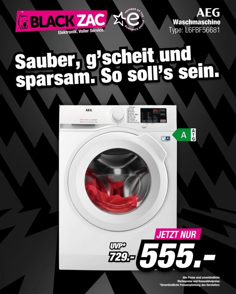 Eine AEG Waschmaschine des Modells L6FBFJ668T wird mit einer roten Wäsche innen gezeigt. Der Preis ist mit 729,555 angegeben.