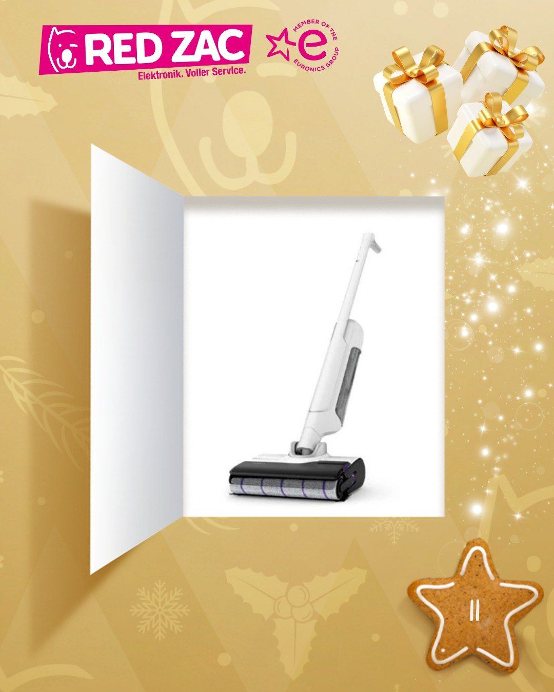 Eine Feiertagskarte mit einem weißen roboterstaubsauger, umgeben von Geschenken und Sternen auf einem goldenen Hintergrund.