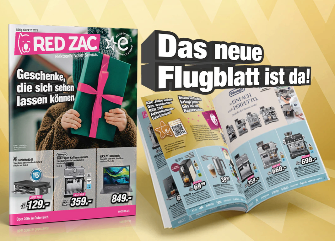 Ein Poster für den RED ZAC Elektronik-Sale zeigt eine Geschenkbox und eine Broschüre. Die Broschüre hat einen QR-Code, eine Kaffeemaschine und einen Laptop mit aufgelisteten Preisen. Der Text sagt: 'Das neue Flugblatt ist'.