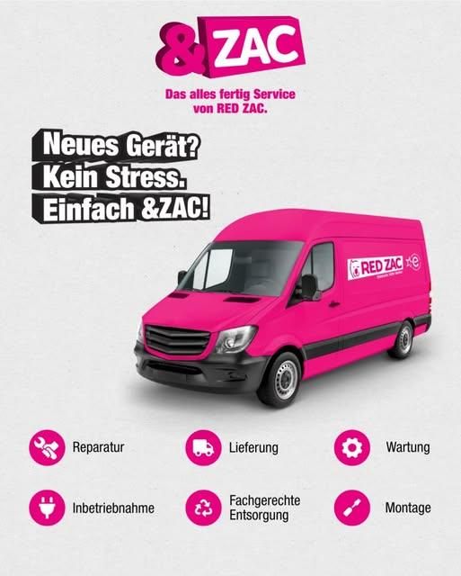 A poster for Red Zac services. A pink van displays the services: repair, delivery, maintenance, operation, expert disposal, and assembly.