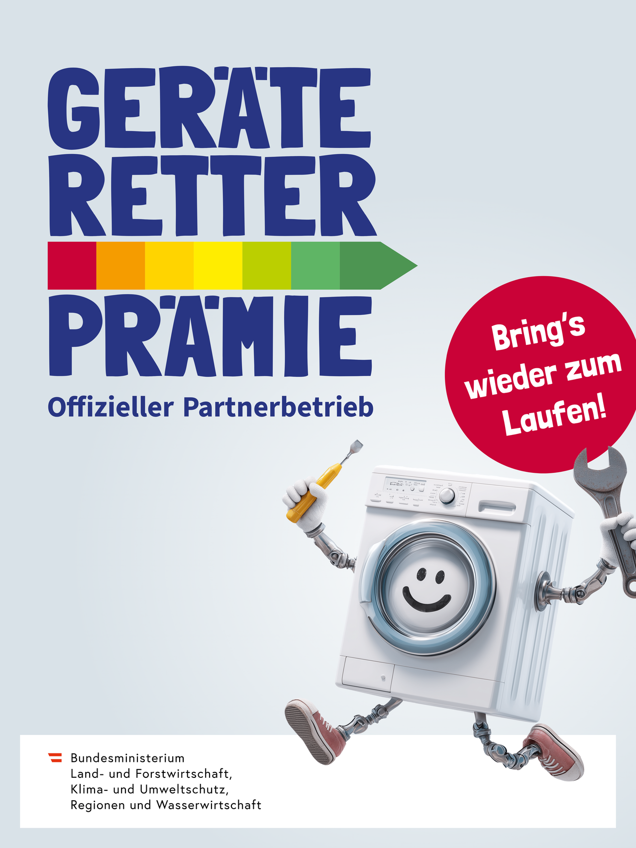 An image featuring a smiling washing machine holding a wrench and screwdriver with the text 'GERÄTERETTER PRÄMIE' above it. The slogan 'Bring's wieder zum Laufen!' is written in a red circle.