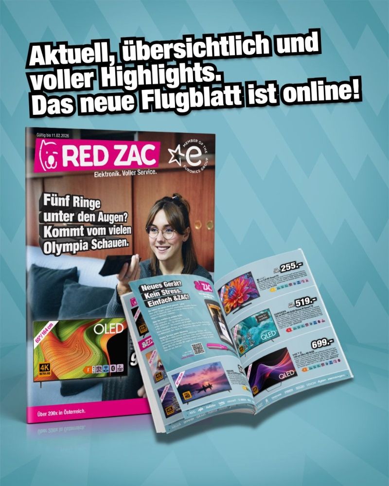 Eine Werbung für Red Zac zeigt ein offenes Magazin mit einer lächelnden Frau, die in die Kamera schaut. Das Magazincover zeigt verschiedene elektronische Produkte, Preise und ein Werbeangebot.