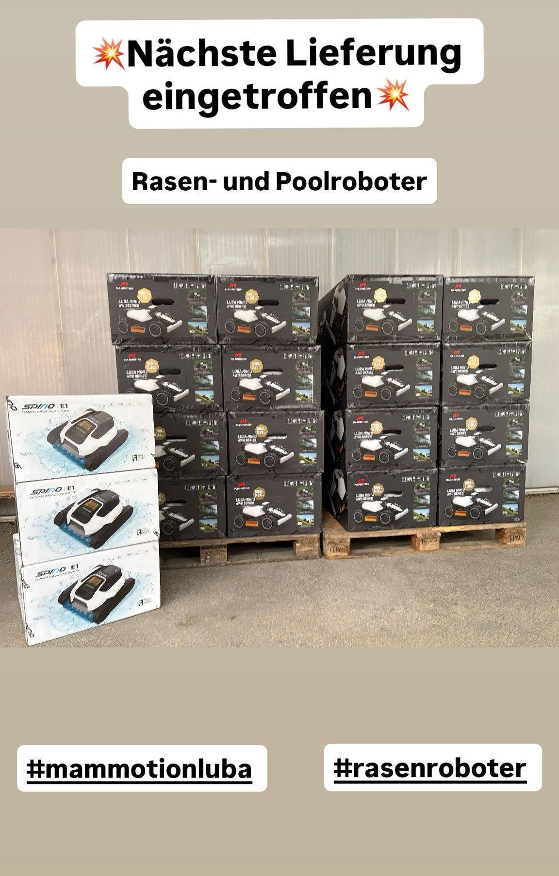 A stack of boxes labeled Rasen- und Poolroboter. The boxes contain pool cleaning robots. They are on a pallet in a warehouse.