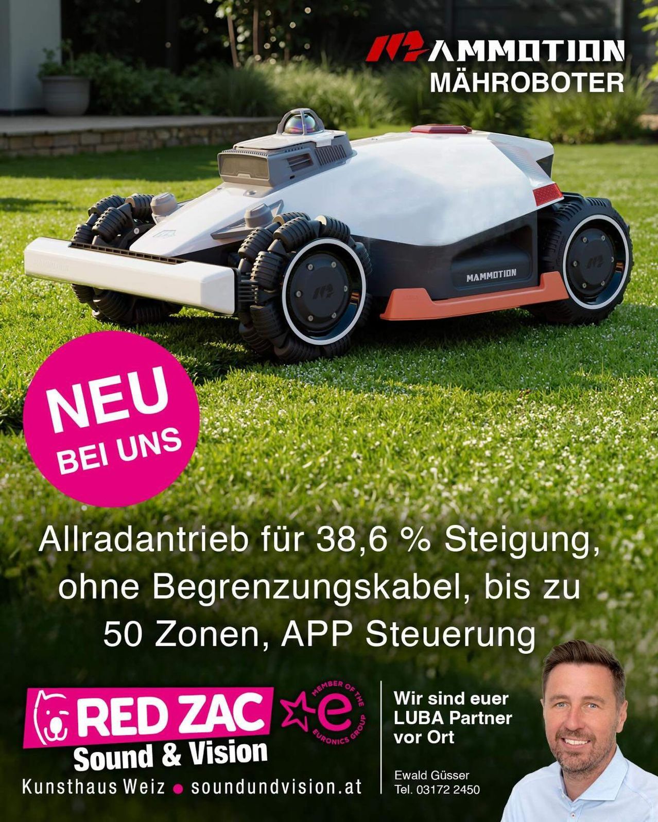 An advertisement for a robot lawn mower featuring a white and orange robot on a green lawn. It claims 38.6% incline capability, no boundary wire, up to 50 zones, and app control. The man in the ad represents a local LUBA partner.