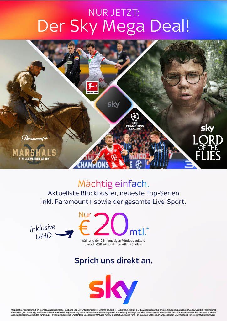 Advertisement for Sky TV showcasing Paramount+ and Champions League, highlighting UHD and a €20 mtl. price.