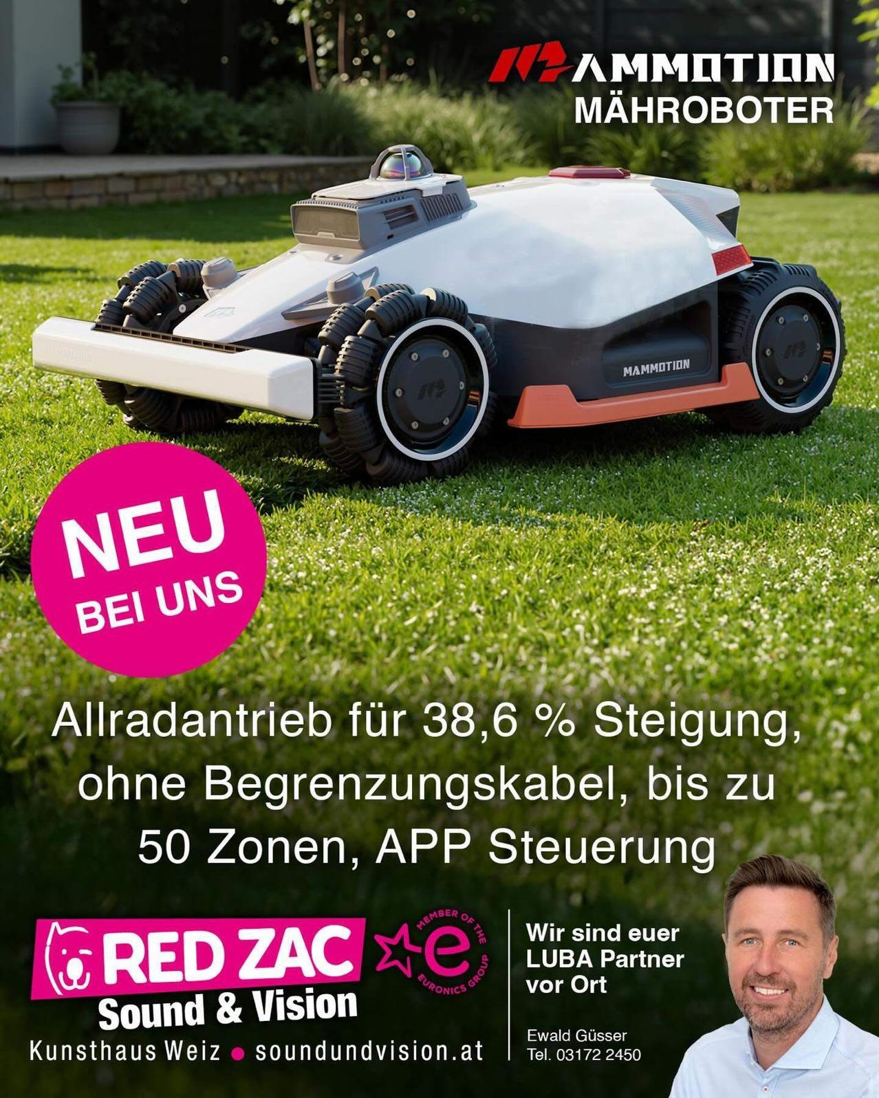 An advertisement for a lawn mower robot with the text 'New at us' and 'All-wheel drive for 38.6% incline, no boundary cable, up to 50 zones, APP control'. A man is also featured in the advertisement.