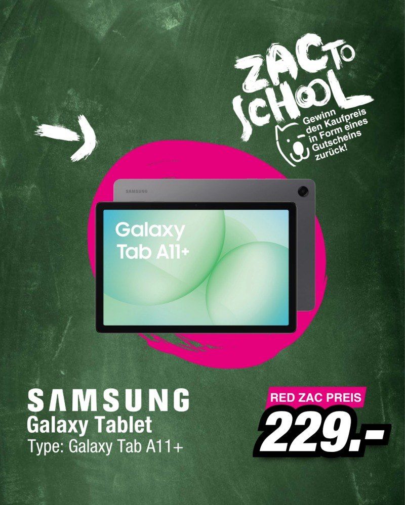 An advertisement for a Samsung Galaxy Tab A11+ tablet, displayed on a green chalkboard background with a pink circle. The tablet is shown with the text Galaxy Tab A11+ on the screen.