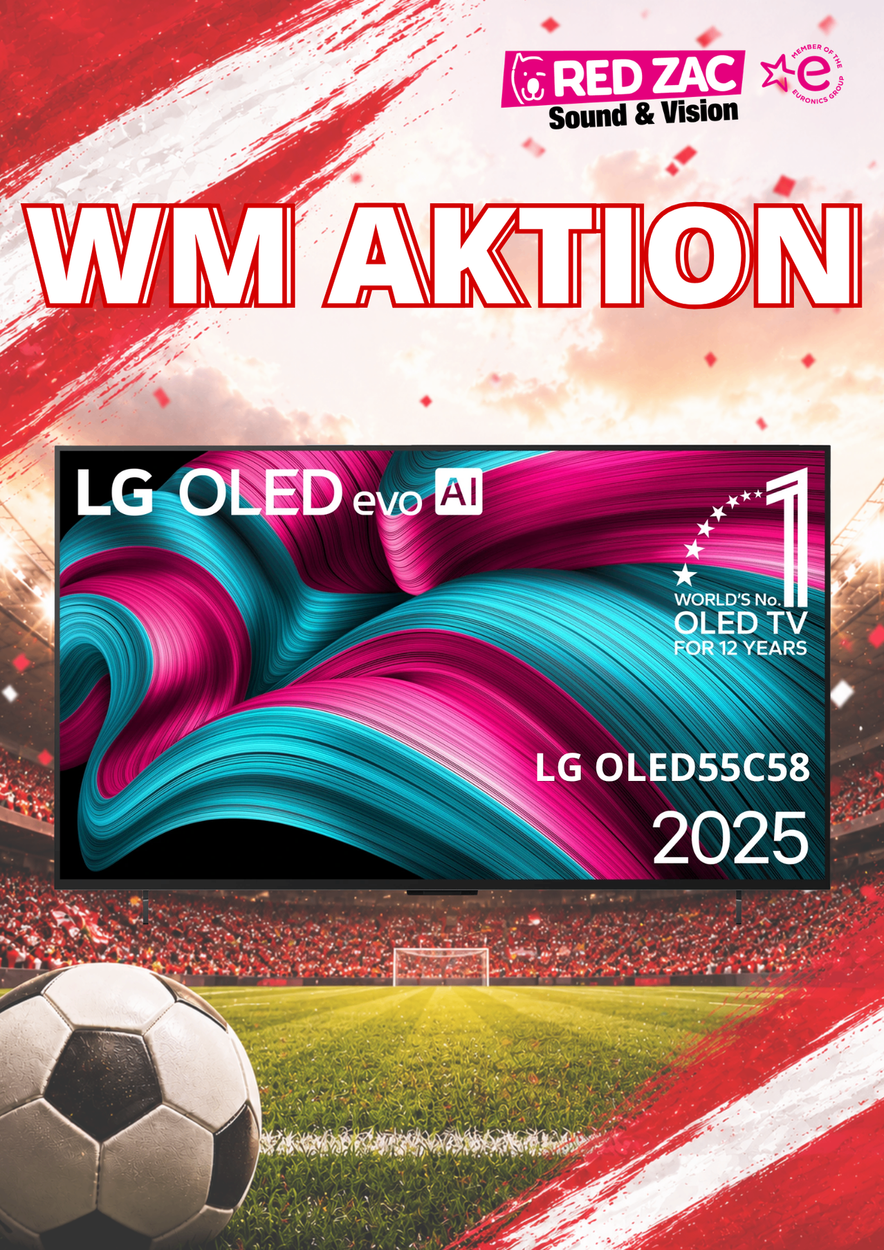 Werbung für LG OLED-Fernseher, der seit 12 Jahren als beste OLED-Fernseher der Welt gilt. Merkmale umfassen ein lebendiges Design, AI-Integration und das Modell OLED55C58 2025. Vor dem Hintergrund eines Stadions mit einem Fußball im Vordergrund.