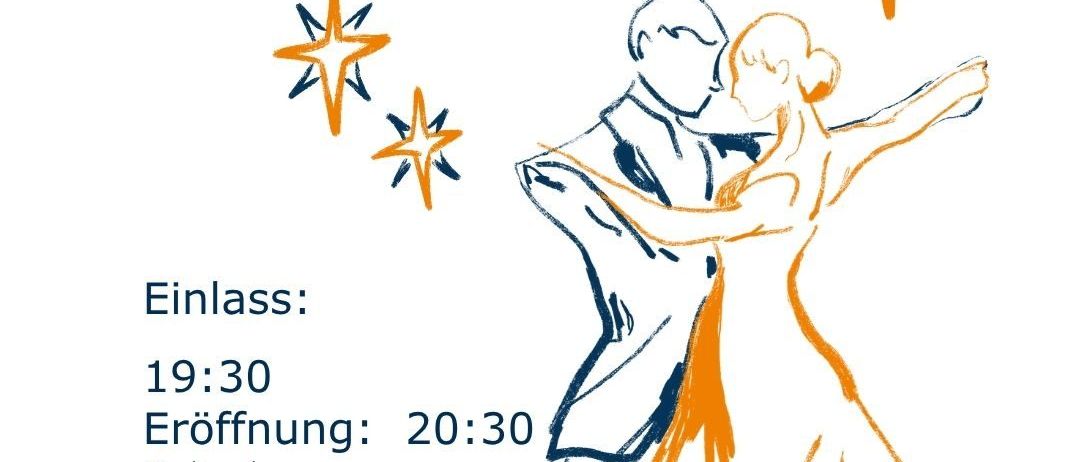 Ein Plakat für die Dobnerball-Veranstaltung. Es zeigt ein tanzendes Paar mit einem orange-blauen Sternenmotiv. Die Veranstaltung beginnt um 19:30 Uhr, Eröffnung um 20:30 Uhr. Der Veranstaltungsort ist das Kulturhaus in 2552 Hirtenberg Bahngasse 1. Ein QR-Code ist vorhanden.