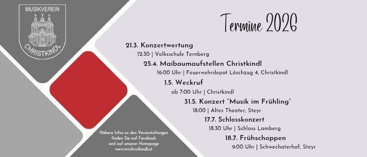 Plakat für Veranstaltungen des Musikvereins Christkindl im Jahr 2026. Beinhaltet Konzerte, ein Weckruf und Teilnahme am Weihnachtsmarkt. Details zu Datum, Uhrzeit und Orten sind angegeben.