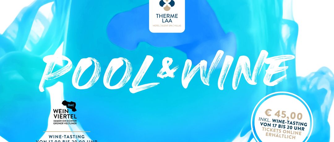 Blaues Poster mit Therme Laa Logo, zeigt den Spruch Cool & Win in weiß. Unten steht 0000 00 Uhr.