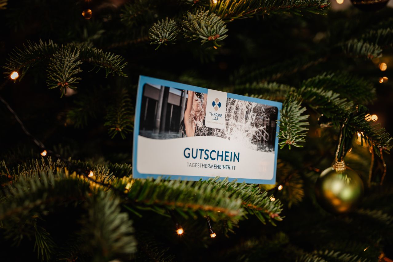 Eine blaue Karte mit der Aufschrift Gutschein, was auf Englisch Gutschein bedeutet, ist an einem Weihnachtsbaum aufgehängt. Die Karte zeigt ein Bild einer Person, die einen Wasserspritzer genießt.