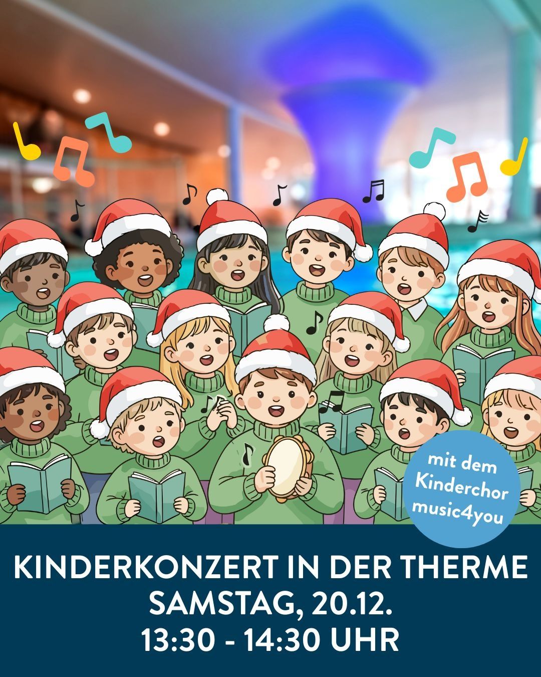 Eine Illustration von Kindern in Weihnachtsmützen, die gemeinsam singen, mit musikalischen Noten um sie herum. Der Text 'KINDERKONZERT IN DER THEME SAMSTAG 20.12' wird angezeigt.