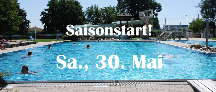 Der Poolbereich verfügt über eine Wasserrutsche und eine Sprungturm. Der Pool ist mit Wasser gefüllt und hat schwimmende Personen. Der Text lautet Saisonstart! Sa., 30. Mai.