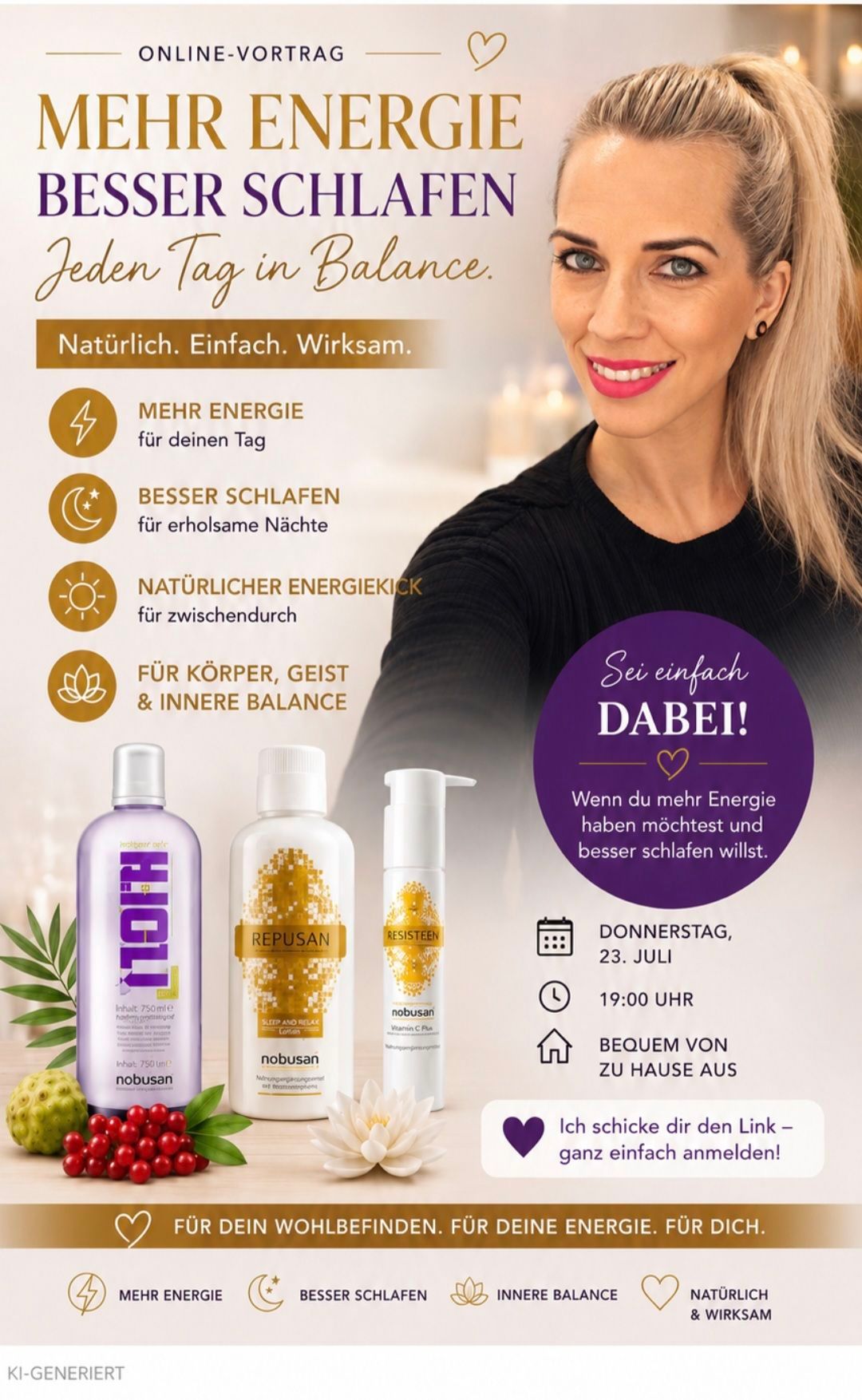 Werbung für ein natürliches Wellnessprodukt mit einer lächelnden Frau und drei Flaschen. Das Produkt verspricht mehr Energie, besseren Schlaf und inneres Gleichgewicht. Die Veranstaltung ist für Donnerstag, den 23. Juli, um 19:00 Uhr geplant.