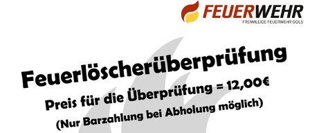 Eine Ankündigung für die Abgabe und Überprüfung von Feuerlöschern am 13. und 14. März 2026. Preise und Abholzeiten sind angegeben. Der Kauf von neuen Geräten ist ebenfalls möglich.