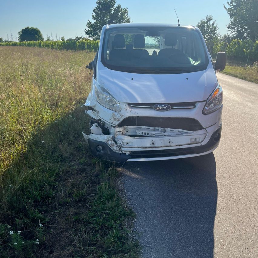 Ein weißer Ford-Transporter mit beschädigtem Frontstoßfänger, der am Straßenrand mit hohem Gras geparkt ist.