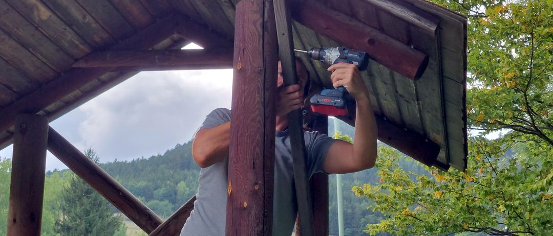 Outdoors, Shelter, Wood, Housing, Porch, Adult, Male, Man, Person, Carpenter