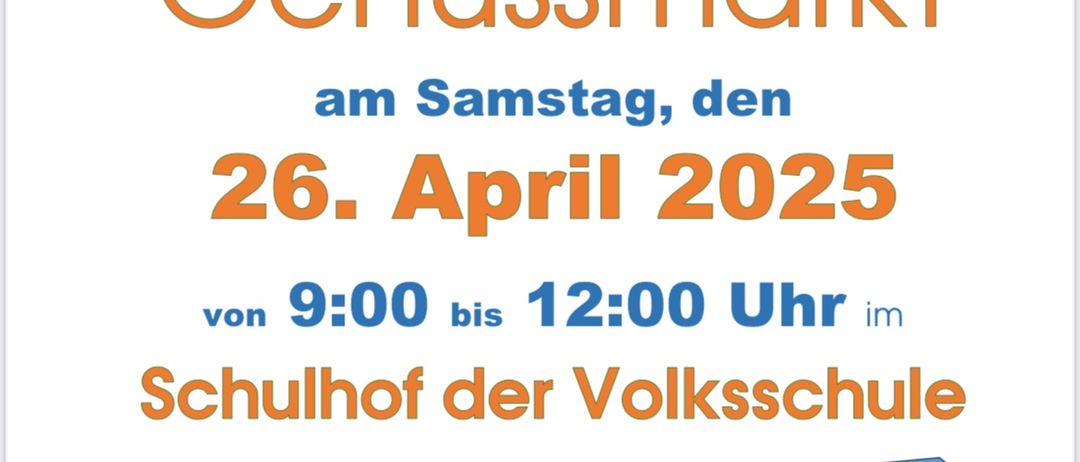 Ein Plakat für die Bauern & Genussmarkt-Veranstaltung in Deutschland. Es steht 'Bauern & Genussmarkt' und 'am Samstag, den 26. April 2025 von 9:00 bis 12:00 Uhr im Schulhof der Volksschule'. Das Plakat hat auch Bilder von Würsten, einem Korb mit Eiern und Gemüse.