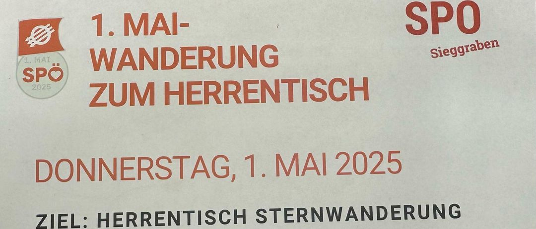Ein weißes Papier mit rotem Text lautet 'Mai-Wanderung um Herrentisch.' Darunter steht in schwarzem Text das Datum 'Erstag, 1. Mai 2025.' Darunter steht in rotem Text 'Herrentisch Sternwanderer.'