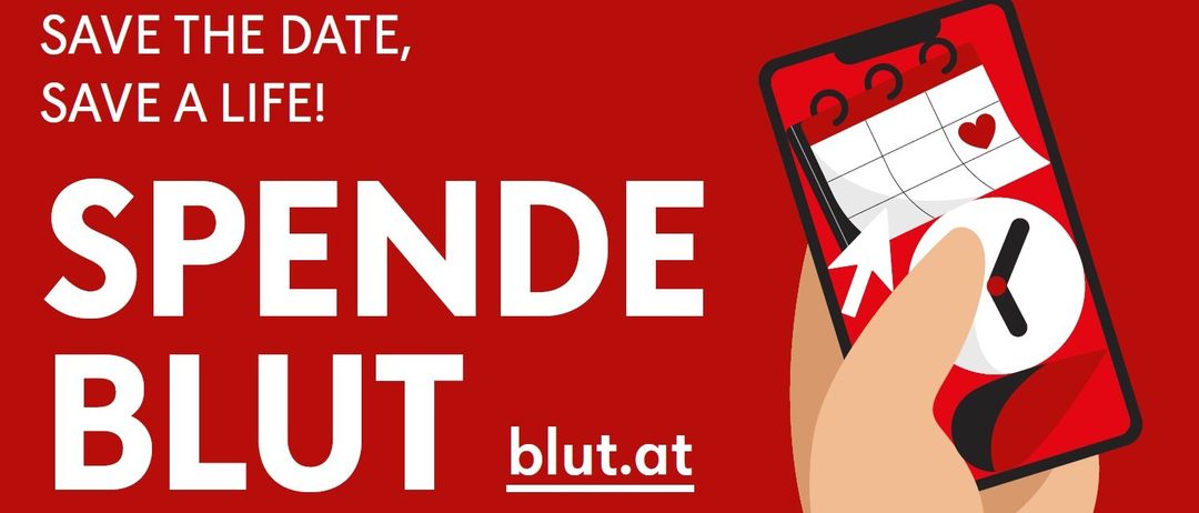Eine Werbung für Blut.at zeigt einen Kalender auf einem Smartphone-Bildschirm mit einem nach oben zeigenden Pfeil, der zum Aktualisieren ermutigt.