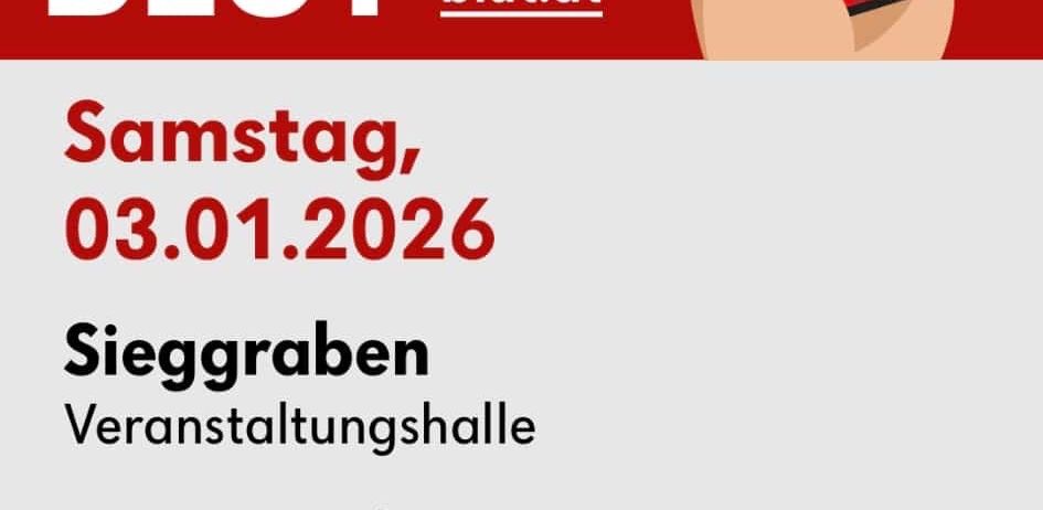 Blutspende-Veranstaltung. Samstag, 03.01.2026. Sieggraben, Veranstaltungshalle. 10:00-12:00, 13:00-17:30. Reservieren Sie einen Termin bei blut.at. QR-Code für die Reservierung.