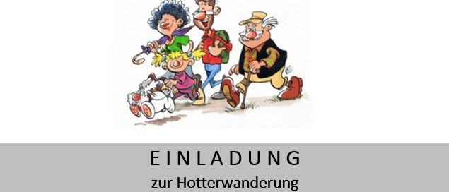 Eine Karikatur von Menschen, die mit einem Hund gehen. Es steht 'Einladung zur Hotterwanderung' darunter.