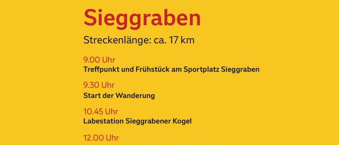Plakat für die Burgenland Tour am 24. Mai 2026 in Sieggraben. Die Veranstaltung umfasst ein Frühstück um 9 Uhr, eine Wanderung ab 9:30 Uhr, eine Mittagspause um 12 Uhr und eine Rast um 10:45 Uhr. Die Gesamtstrecke beträgt etwa 17 km.