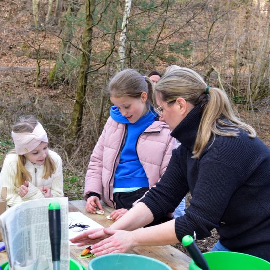 Drei Mädchen und eine erwachsene Frau sitzen auf einer Bank im Wald. Sie machen eine Aktivität mit ihren Händen.