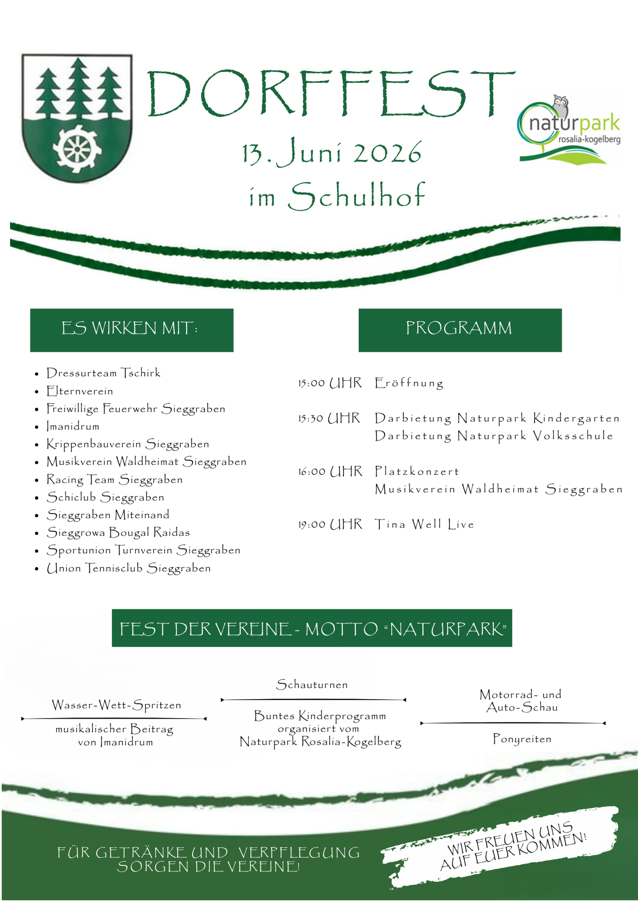 Plakat für ein Festival am 13. Juni 2026 im Schulhof. Zeigt beteiligte Gruppen, Programmplan und Aktivitäten. Geplante Aktivitäten umfassen Eröffnung, Parkführungen, Musikkonzerte und Sportveranstaltungen. Aktivitäten für Kinder und Erwachsene umfassen Wasser- und Schlammspritzen, Kinderprogramm, Musik und Ponyreiten.
