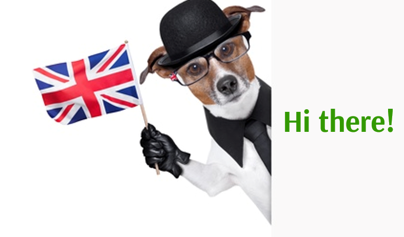 Ein Hund in Anzug und Hut hält eine britische Flagge. Der Text sagt 'Hi da!'