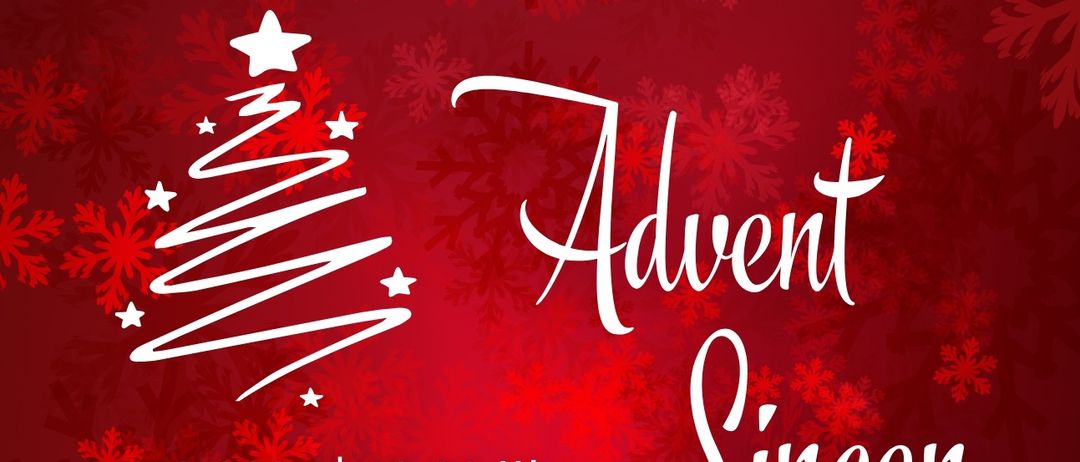 Plakat für Advent Singen-Veranstaltung. Es zeigt einen roten Hintergrund mit Schneeflocken und einem stilisierten Weihnachtsbaum. Der Text lautet 'GESANGVEREIN FEHRING' und 'VOLKSMUSIKENSEMBLE DER MUSIKSCHULE FEHRING'. Die Veranstaltung findet am 14. Dezember 2025 um 18:00 Uhr in Schlosskirche Johnsdor statt. Freier Eintritt.