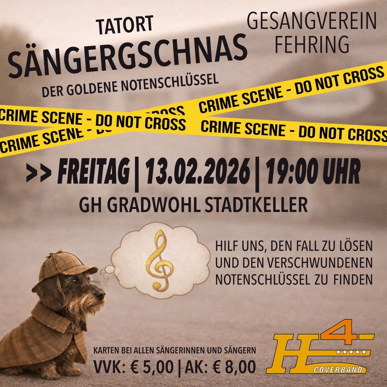 Poster for a singing competition with a crime scene theme, featuring a dog in a detective's outfit. Event details include date, time, and ticket prices.