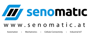 Das Logo für 'senomat' mit zwei Diensten: Mechatronik und Zelluläre Konnektivität, auf weißem Hintergrund dargestellt.