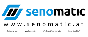 Das Bild zeigt das Logo 'senomat' in blauen und schwarzen Farben. Unter dem Logo befinden sich zwei Begriffe: 'Mechatronik' und 'Zellulare Konnektivität'.