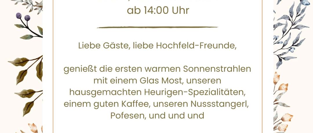 Einladung zur Hochfeld-Post-Veranstaltung am 12. Februar 2026 um 14:00 Uhr. Genießen Sie warme Sonnenstrahlen, hausgemachte Honig-Spezialitäten, Kaffee, Snacks und mehr. Erwarten Sie regionale Leckereien, gemütliche Atmosphäre und angenehme Momente. Veranstaltet von Sybille, Herbert und dem Hochfeld-Team.