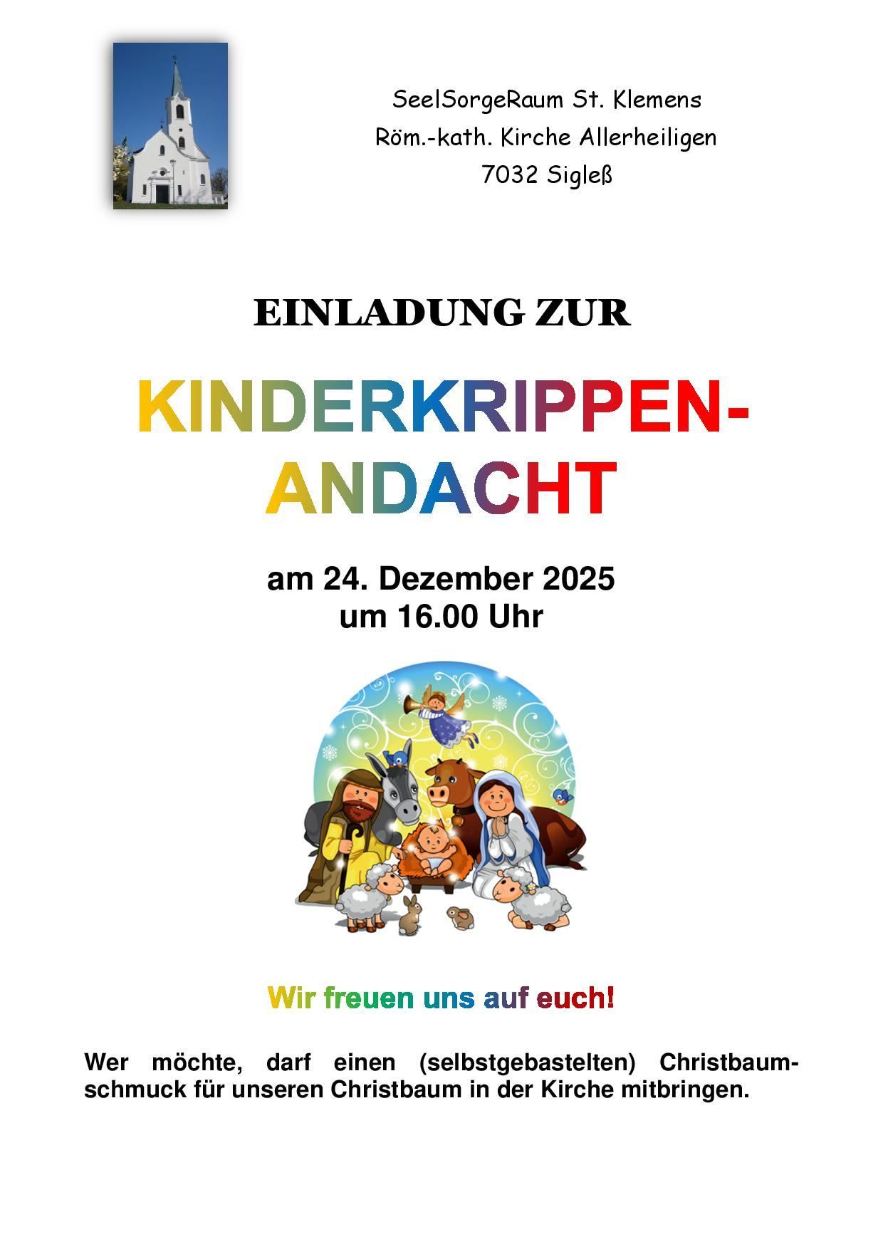 Eine Einladung zur Kinderkrippen-Andacht am 24. Dezember 2025 um 16:00 Uhr. Es zeigt eine Weihnachtsszene mit der Heiligen Familie, Tieren und einem festlichen Hintergrund. Ein deutscher Satz am unteren Rand lautet: 'Wir freuen uns auf euch!'.