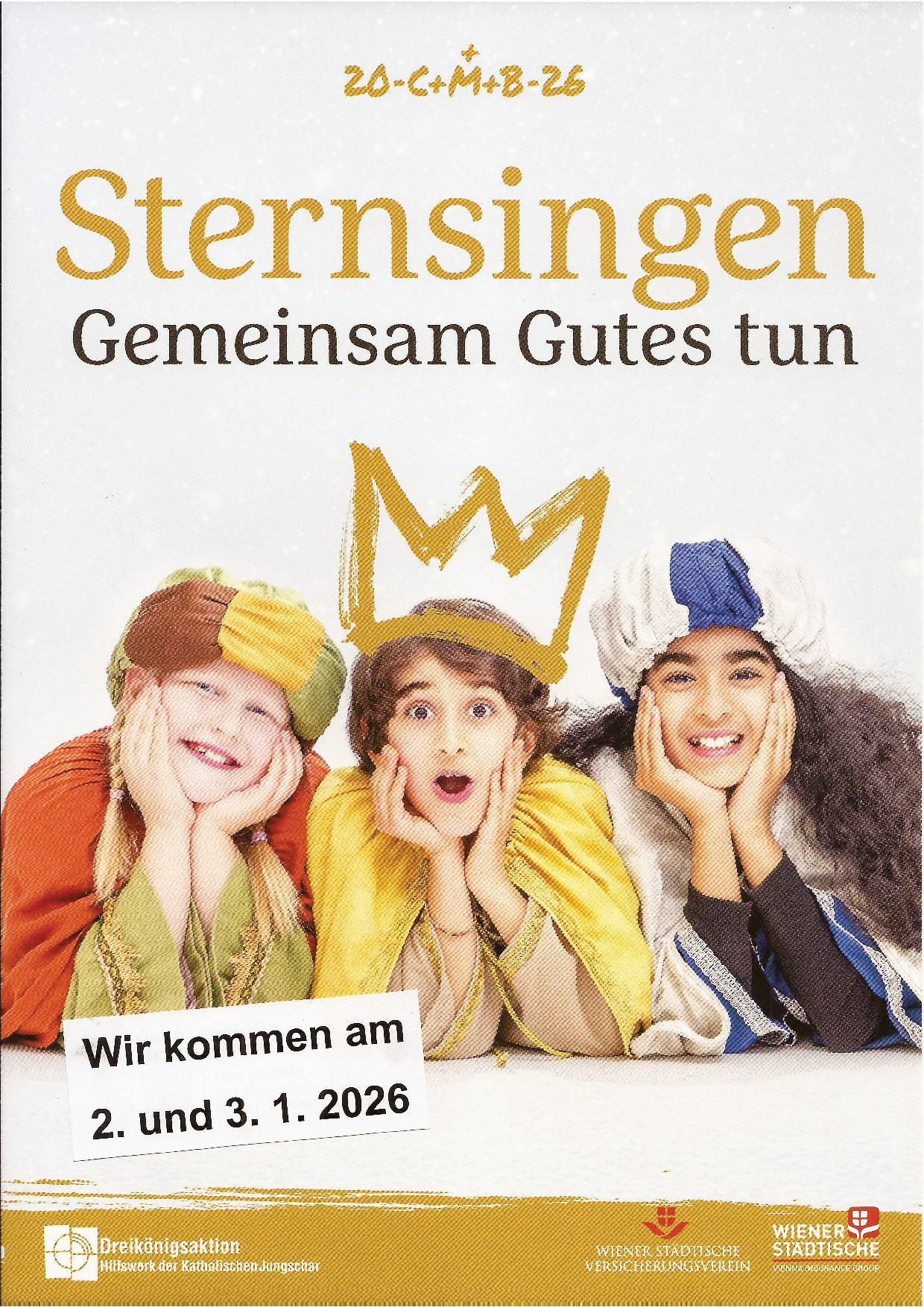 Plakat für eine Aufführung von Sternsingen, einem Weihnachtsspiel. Drei Kinder in Kostümen posieren für das Foto. Das Datum '3. Januar 2026' ist angezeigt.
