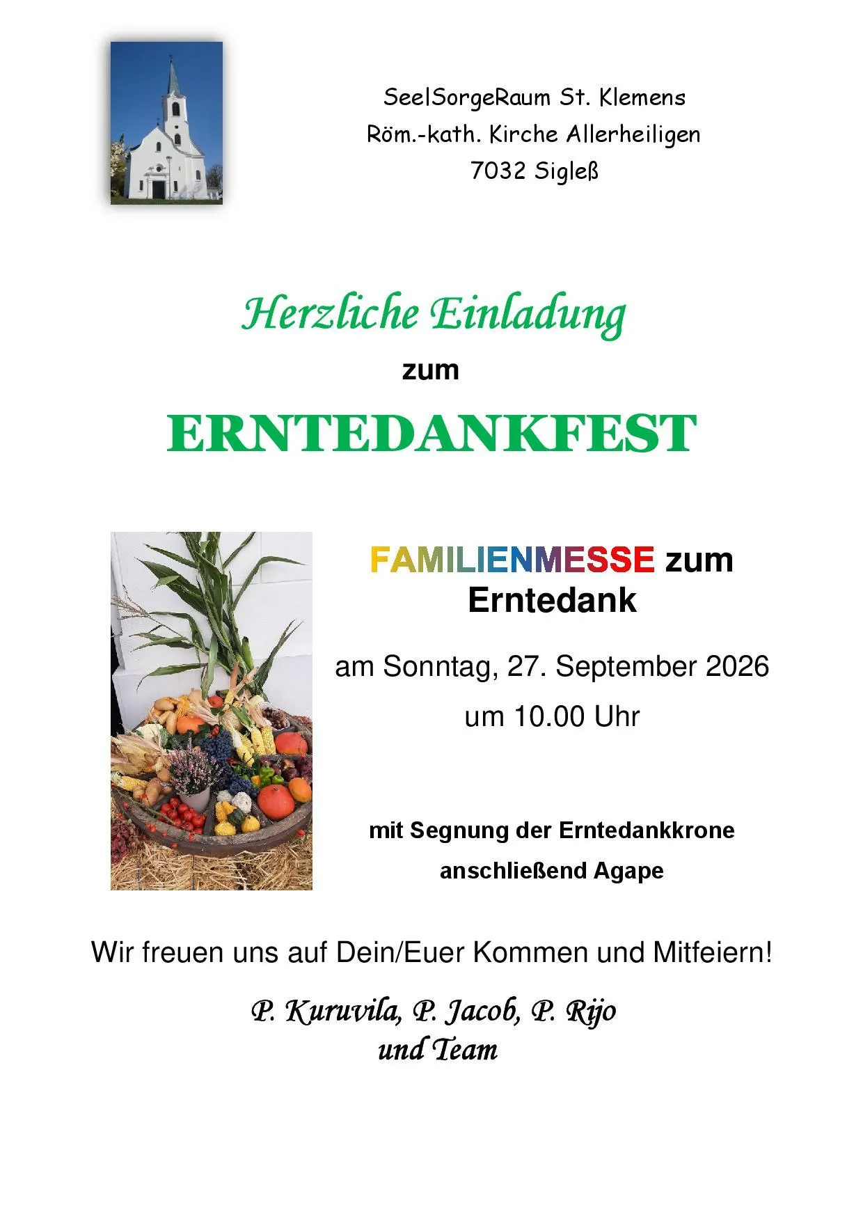 Plakat für das Erntedankfest Familienfest am 27. September 2026 mit einem Korb voller Ernteprodukte und einem Haus im Hintergrund.