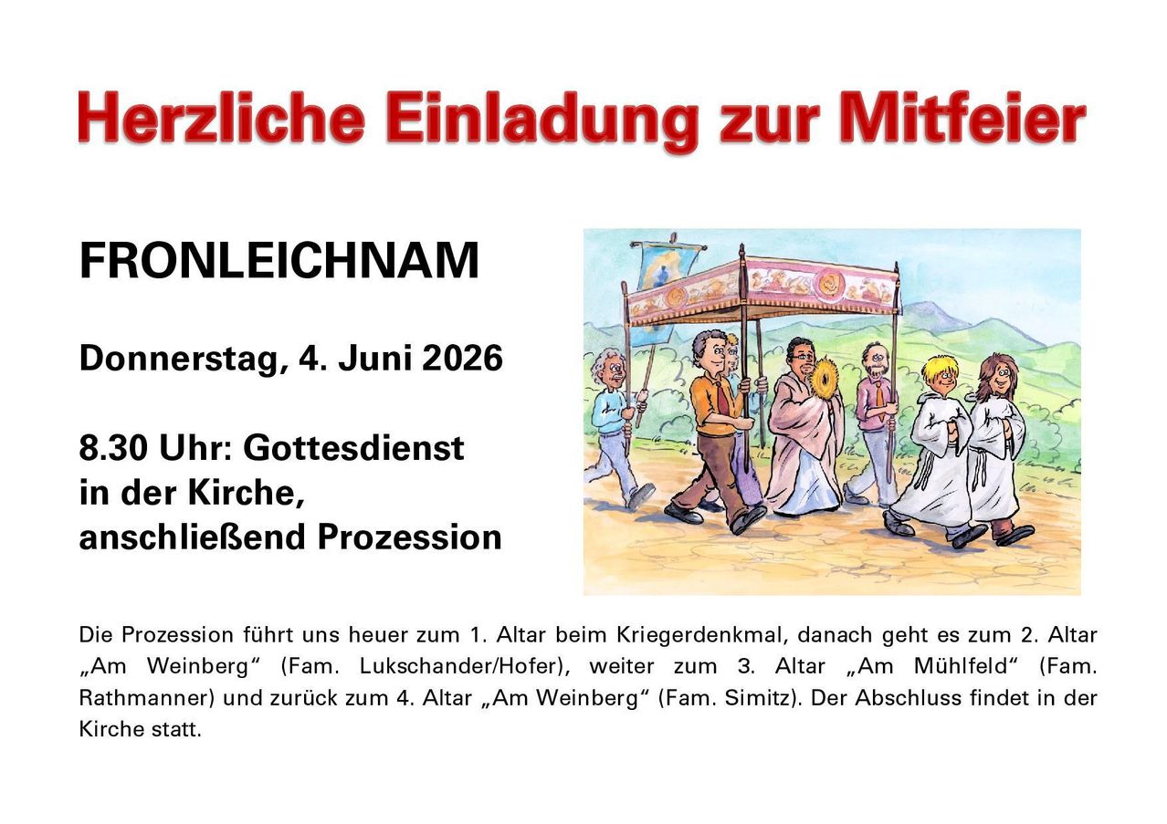 A festive invitation to the Midsummer's Day celebration on June 4, 2026. The procession starts with a service at the Church, passing by the Kriegerdenkmal, Lukschander/Hofer, Am Mühlfeld, and returning to Am Weinberg. The event concludes at Am Weinberg.