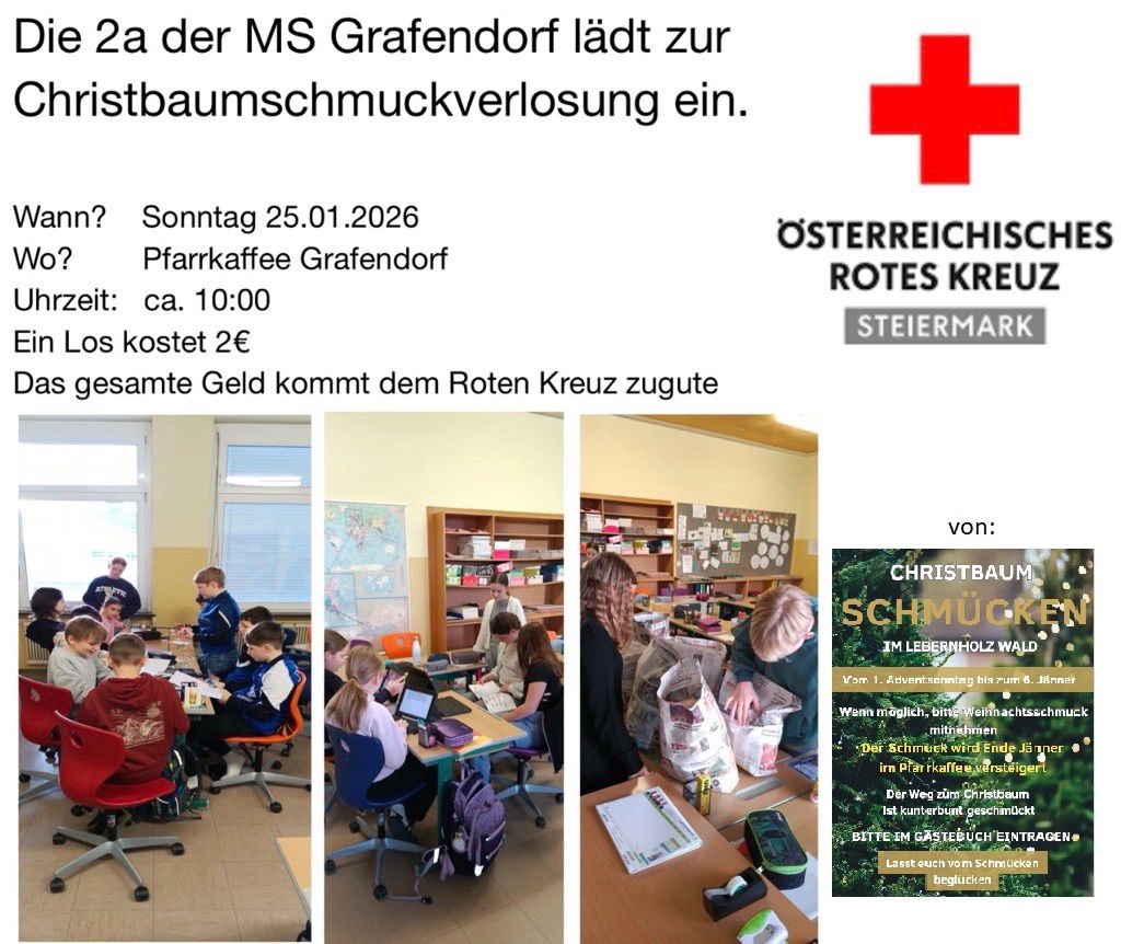 Grafendorf MS invites to a Christmas tree tapping event on Sunday, January 25, 2026, at the Grafendorf parking lot. The event starts at approximately 10:00 AM, with a cost of 2€. All proceeds go to the Red Cross.
