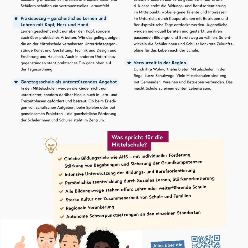 Das Infografik zeigt die Vorteile des Besuchs einer Mittelschule auf, betont praktisches Lernen, ganzheitliche Bildung und die Entwicklung von Fähigkeiten wie Teamarbeit und Kreativität. Es bespricht die Vorteile regionaler Zusammenarbeit und personalisierte Schwerpunktsetzungen.