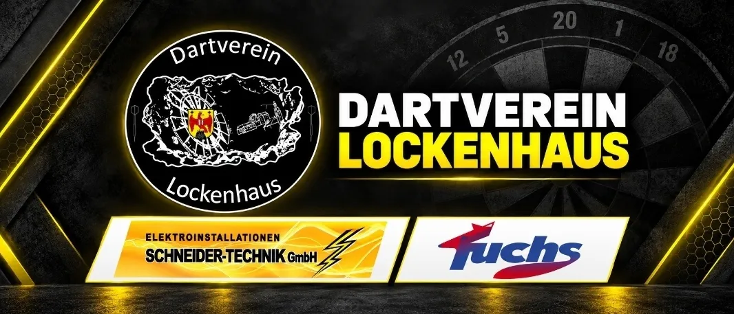 Ein Werbebanner für den Dartverein Lockenhaus mit einem Dartboard, einem Logo und Sponsorenlogos. Das Dartboard hat die Zahlen 1 bis 20, und das Logo enthält einen Berg und einen Schild.