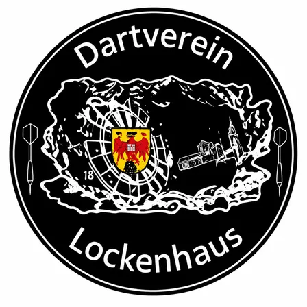 Ein schwarzes kreisförmiges Logo mit den Worten 'Dartverein Lockenhaus', einem Wappen, einem Gebäude und Darts.