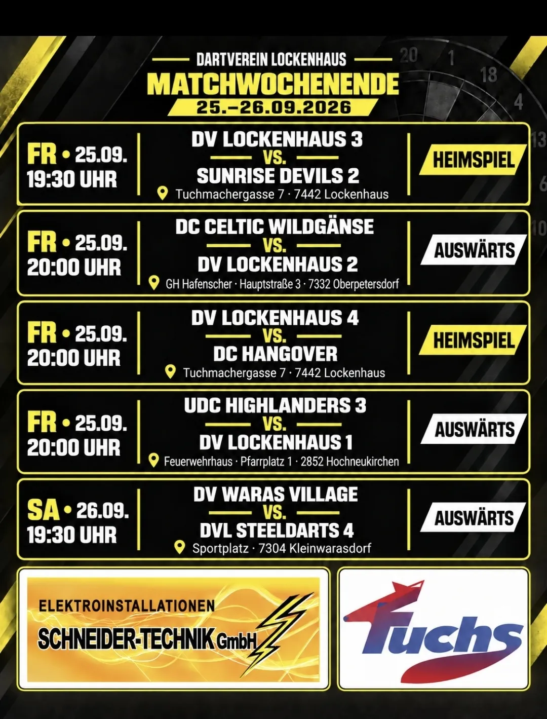 Ein Plakat, das verschiedene Sportspiele ankündigt, darunter DV Lockenhaus gegen verschiedene Teams am 25. und 26. September 2026. Jedes Spiel hat eine bestimmte Zeit, einen Ort und einen Gegner.