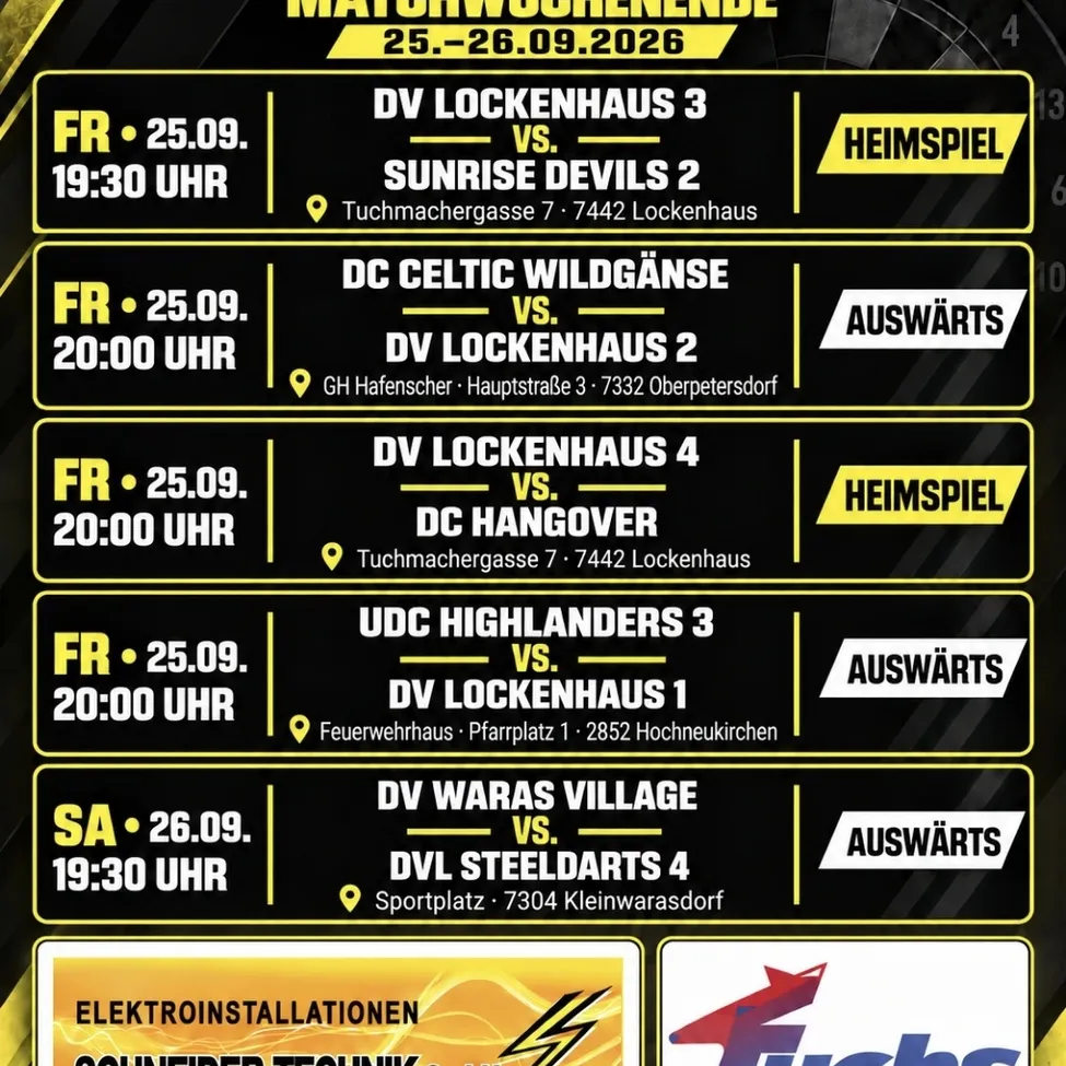 Ein Plakat, das verschiedene Sportspiele ankündigt, darunter DV Lockenhaus gegen verschiedene Teams am 25. und 26. September 2026. Jedes Spiel hat eine bestimmte Zeit, einen Ort und einen Gegner.