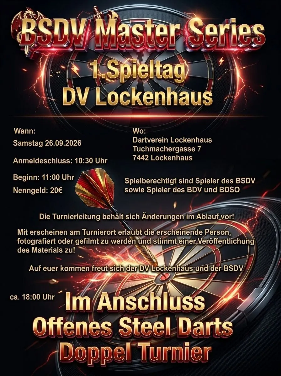 Plakat für das 1. DV Lockenhaus Dart-Turnier. Geplant für Samstag, 26.09.2026, in der Tuchmachergasse 7, 7442 Lockenhaus. Anmeldung ab 10:30 Uhr, Beginn um 11:00 Uhr. Teilnahmegebühr 20€.